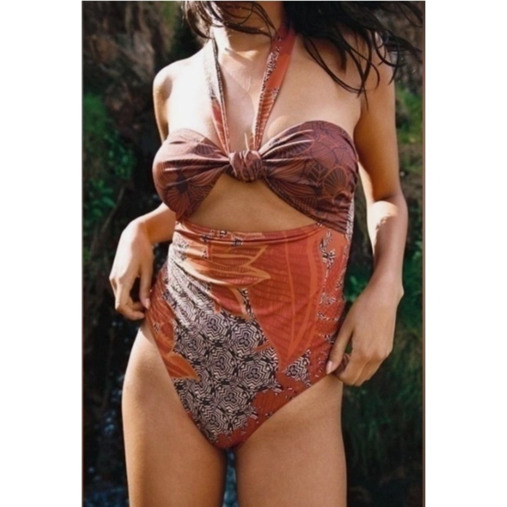 ZARA Printed One Piece Bandeau Swimsuit Size L Orange Tribal Floral Print Halter